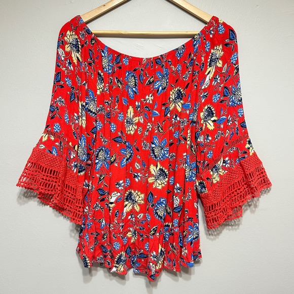 Democracy Boho Floral Blouse Womens Plus 1X Red Crochet Bell Sleeve Top Festival - Picture 5 of 10